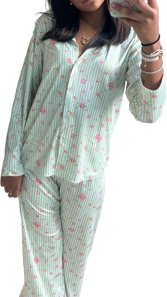 Women Y2k 2 Piece Floral Pajamas Button Down Long Sleeve Wide Leg Lounge Set Cute Pjs Loungewear Sleepwear