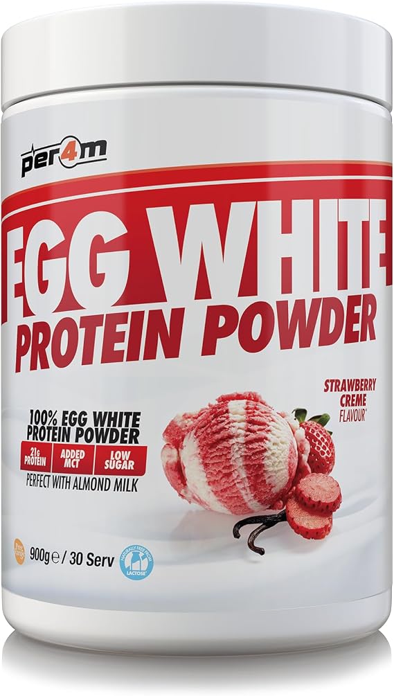 Per4m 100% Pure Free Range Egg White Protein Powder | High Protein Shake with Added MCTs | Gut Friendly, Lactose-Free & Essential Amino Acids (900g, Strawberry Creme)