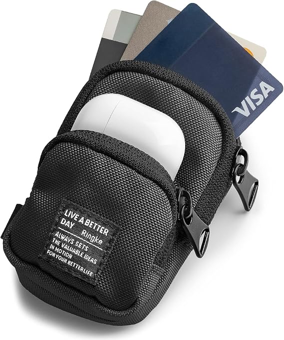 Ringke Mini Pouch [Two Pocket] Nylon Carrying Pouch Small Bag for AirPods, Galaxy Buds, Earphones, Cards, ID - Black