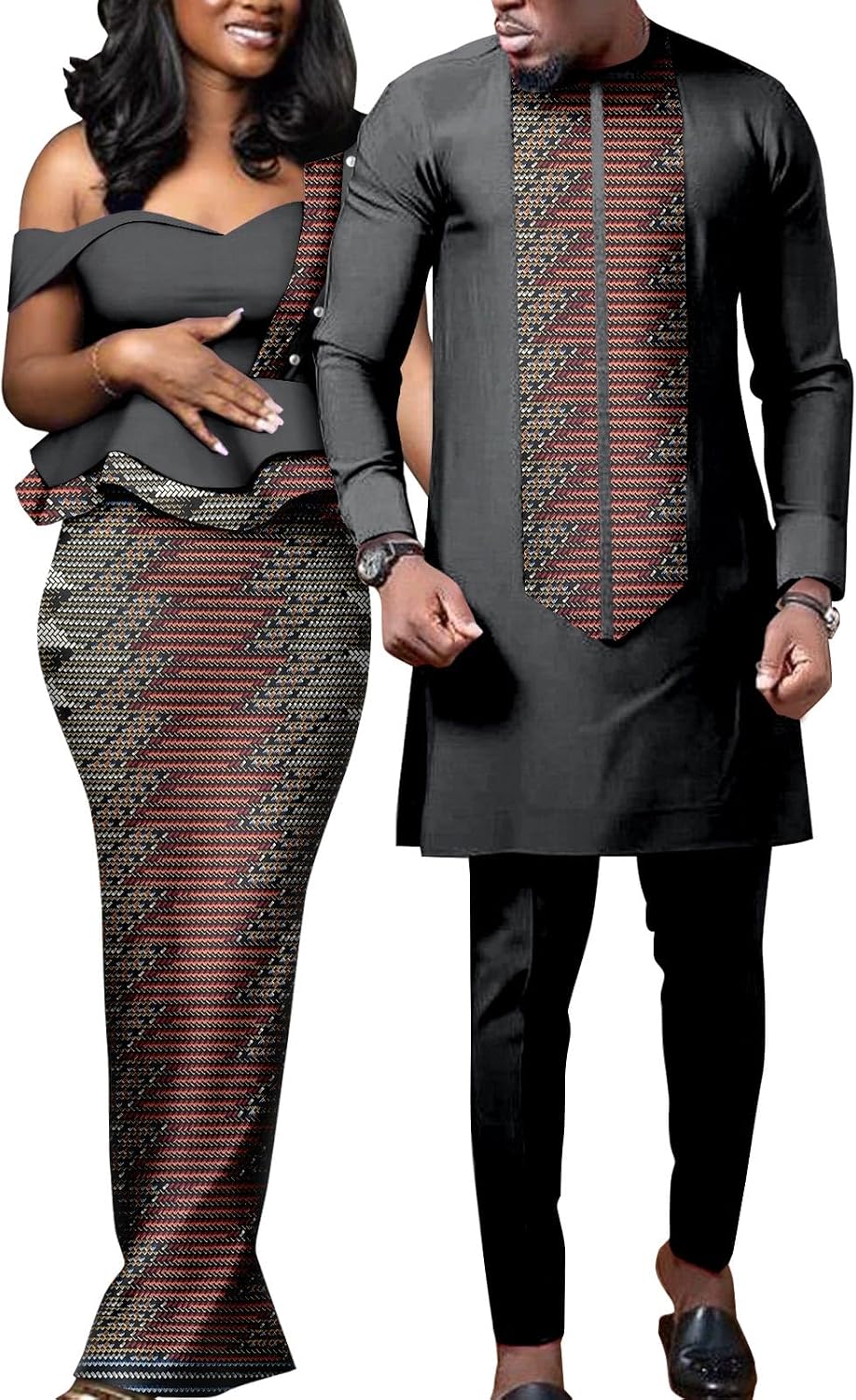 African Sexy Beading Long Dresses for Women Matching Couple Outfits Dashiki Men Clothes Shirt and Pant Sets