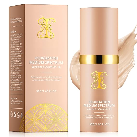 4 in 1 Foundation Liquid, Medium Coverage Foundation Makeup with Flawless Finish, SPF 50& Longwearing & Waterproof, Hydrating Color Changing Foundation Light Spectrum for Gym, Sports, Dancing