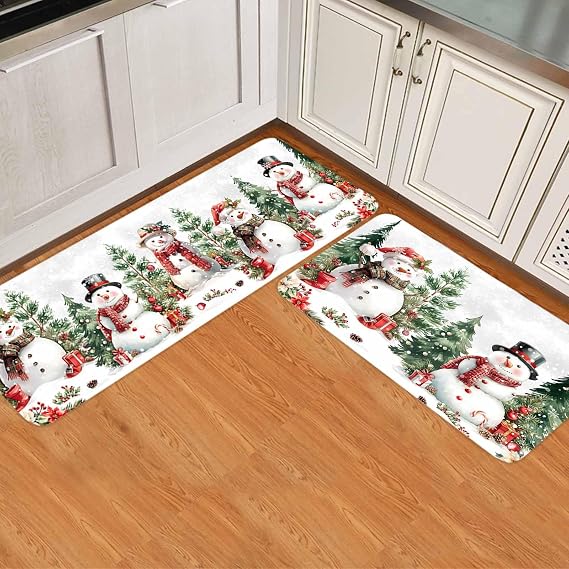 Christmas Cute Snowman Kitchen Mat Set 2 Pcs, Xmas Tree Winter Forest Green Non Slip Kitchen Rugs and Mats, Snowflake Washable Kitchen Runner Rug Sets for New Year Xmas Party, 15.7x23.6+15.7x47.2