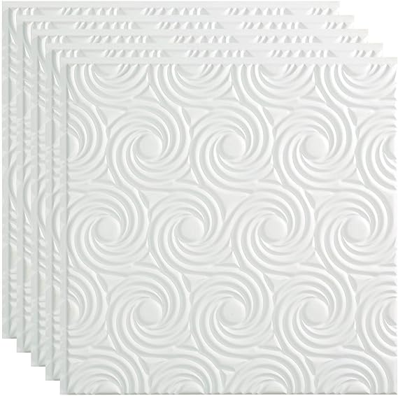FASADE Cyclone Decorative Vinyl 2ft x 2ft Glue Up Ceiling Panel in Matte White (5 Pack)