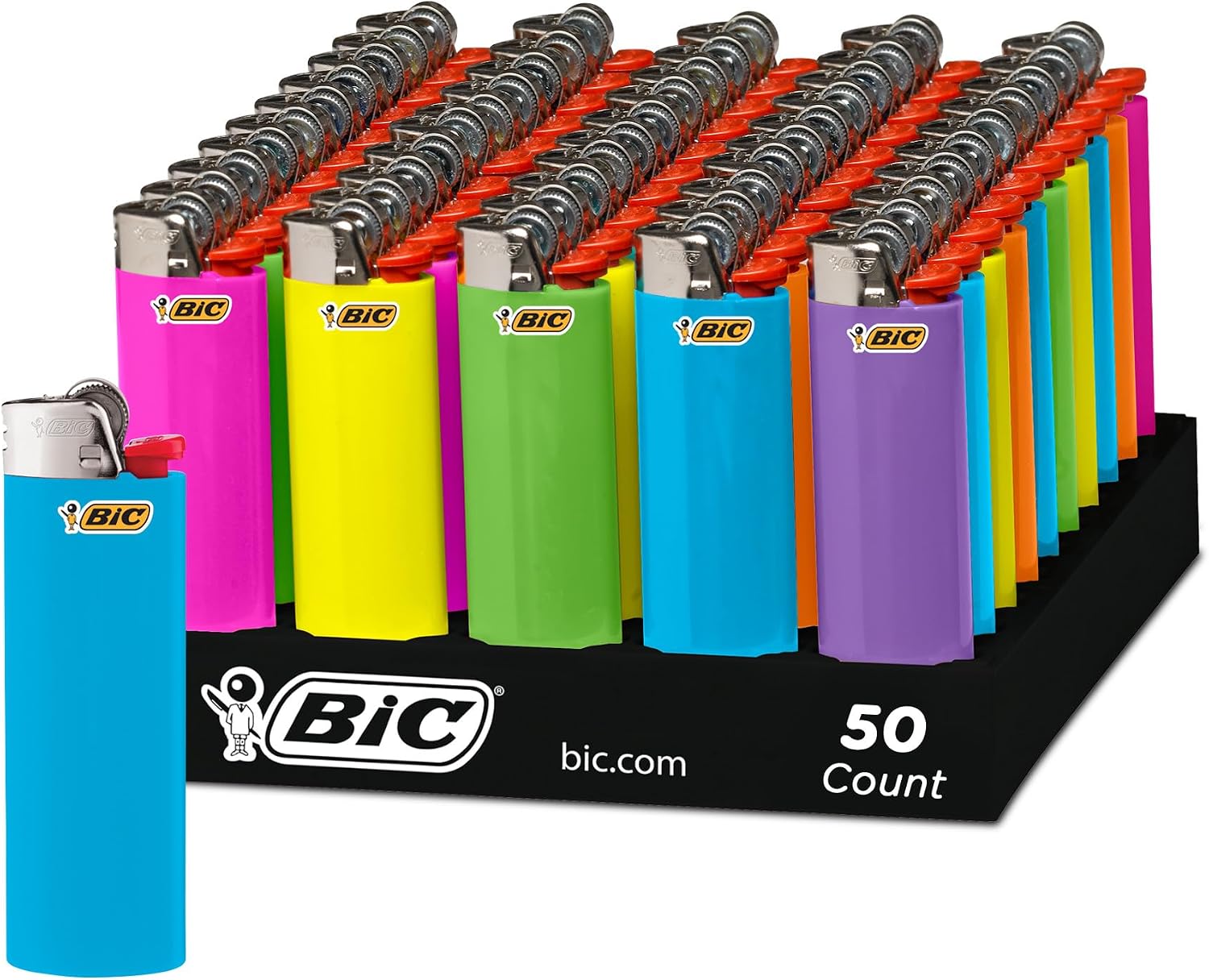 BIC Classic Lighters, Pocket Lighter Style, Fashion Assorted Colors, 50 Count Tray Disposable Lighters