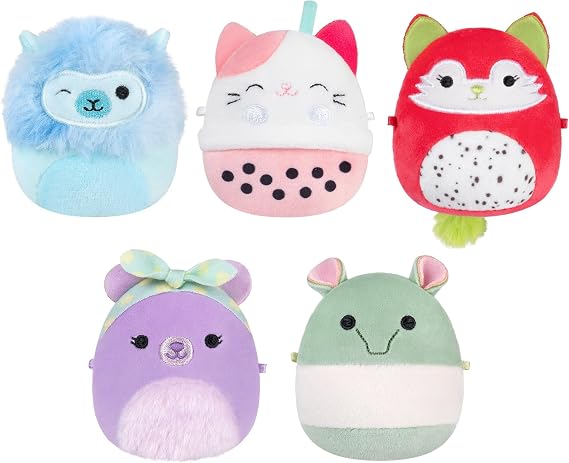 Squishmallows Original Micromallows Plush 5-Pack - Lavender Bear, Dragonfruit Fox, Calico Cat Boba Tea, Tapir, Alpaca