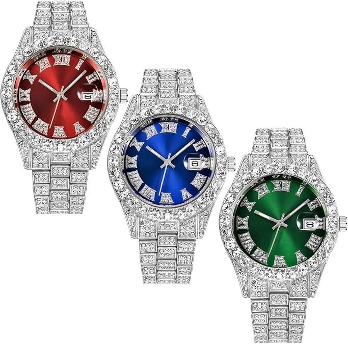 Men Hip Hop Watch with Roman Scale Calendar Crystal Rhinestone Watches Stainless Steel Iced-Out Wrist Watch Wholesale 3 Pack