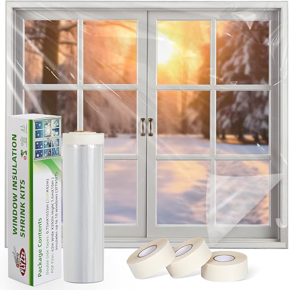 FLYZZZ Window Insulation Kit - 62x393in Window Insulation Kit for Winter with Widen Double-Sided Tape, Thickened Plastic Window Covering for Winter Can Insulates 10 Windows