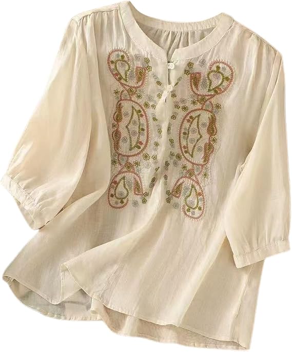 Embroidered Tops for Women Floral Cotton Linen Tunic Tshirt Peasant Tee Women 3/4 Sleeve V Neck Button Boho Ethnic