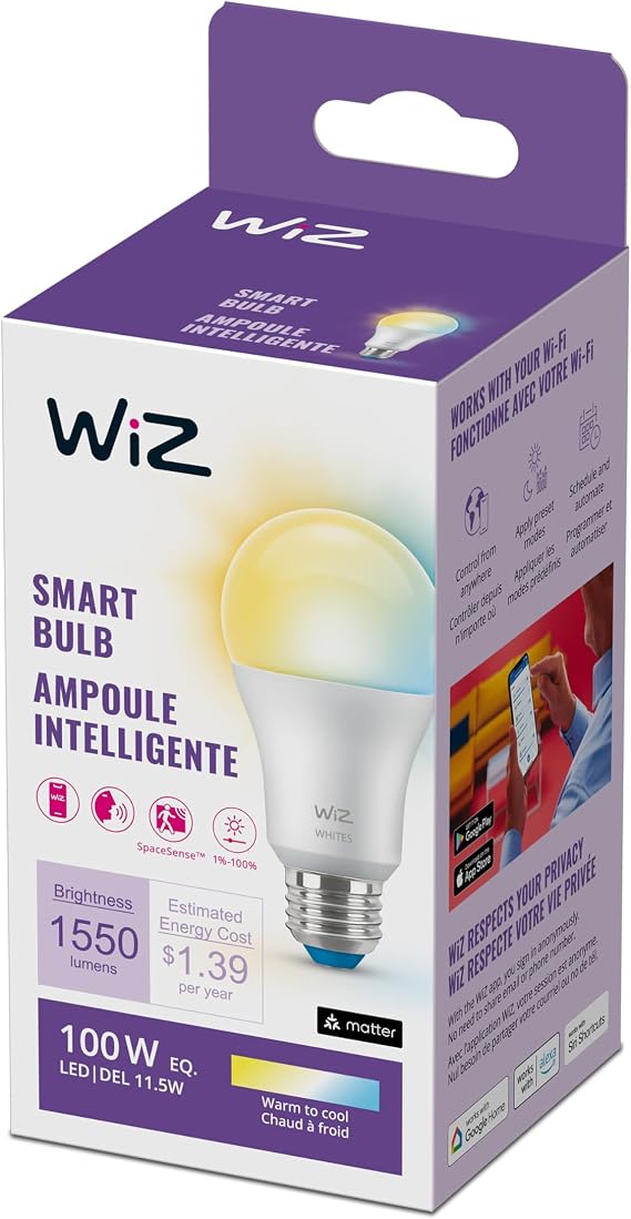 WiZ Connected 100W A19 LED Smart Light Bulbs Tunable White - Connects to Your Wi-Fi - E26 Smart Bulb - Control with Voice or App + Activate with Motion - Matter Compatible