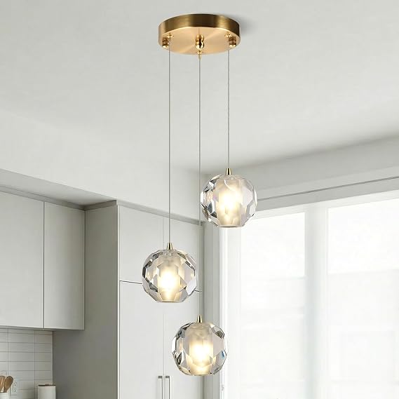 3-Light Pendant Lighting for Kitchen Island, Brass Cluster Chandelier with Crystal Lampshades, Modern Adjustable Hanging Fixture for Dining Room, Entryway, Bar, Includes 3-Color Bulbs