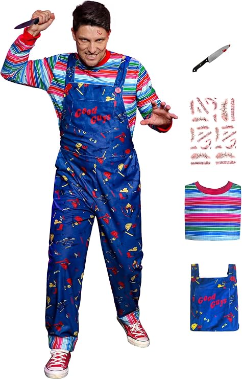 Arvilhill 4 Pcs Mens Killer Doll Halloween Costume Shirt Overalls