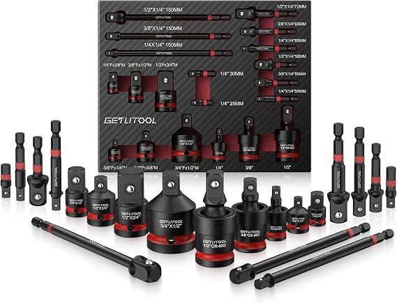 GETLITOOL 20-Piece Socket Adapter Set 11x Socket Wrench Adapter 6x Impact Wrench Adapter 3x Universal Joints Cr-V & Cr-Mo Professional Impact Tool Adapter for Car Repair Mechanical Maintenance