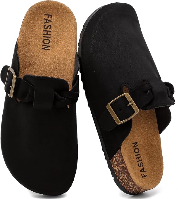 Women's Suede Clogs, Cork Footbed Leather Mules, Slip-On Potato Shoes