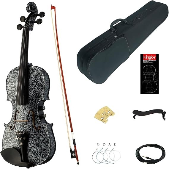 Kinglos 4/4 Black Flowers Colored Solid Wood Acoustic/Electric Violin Kit with Ebony Fittings Full Size (YSDS1306)
