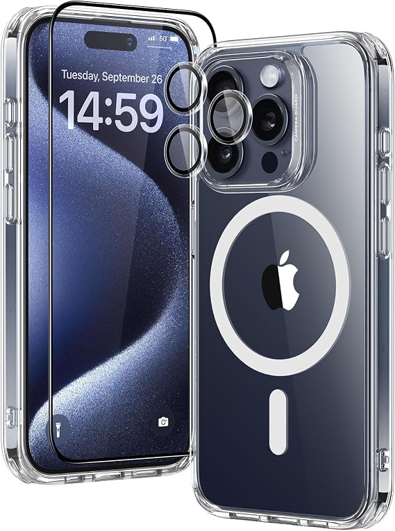 ESR for iPhone 15 Case Set, 1 Tempered-Glass Screen Protector, 1 Set of Lens Protectors, Military-Grade Protection, Yellowing and Scratch Resistant MagSafe Phone Case, Classic Series, Clear