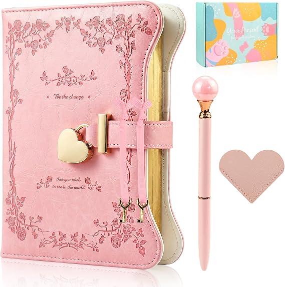 Diary with Lock for Girls and Women, Lockable Kids Diary, A5 PU Leather Notebook, 360 Pages Journal with Lock, Keys, Pen and Gift box, lockable Secret Diaryfor Girls Ages 8-14(Pink)