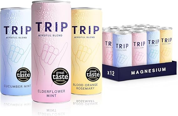 TRIP Mindful Blends - Mixed Pack Sparkling Soda with 1440MG Magnesium + Lion’s Mane + Chamomile + Lemon Balm. Low Calorie and Vegan (Pack of 12 x 250ml)
