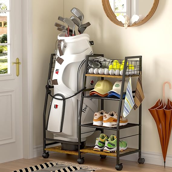 DAOUTIME Golf Bag Stand with Wheels, Golf Bag Organize for Garage Organization, Golf Storage Rack with Extra Storage Rack for Golf Clubs & Golf Essentials, Ideal for Club, Shed, Basement
