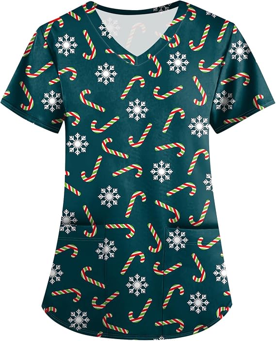 Christmas Scrubs for Women Thanksgiving Printed Scrub Tops V Neck Short Sleeve Medical Uniforms with Pockets