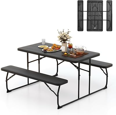 Tangkula Folding Picnic Table with 2 Benches, Outdoor Metal Camping Table Set with Plastic Wood-Like Texture Tabletop & Steel Frame, Foldable Camping Table for Picnic, Party, BBQ Black