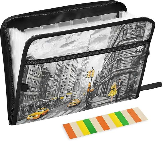 13 Pockets Expanding File Folder with Zipper Closure, New York Street Art Painting Accordion File Folder with Sticky Labels, Letter Size A4 Papers Expandable File Document Organizer