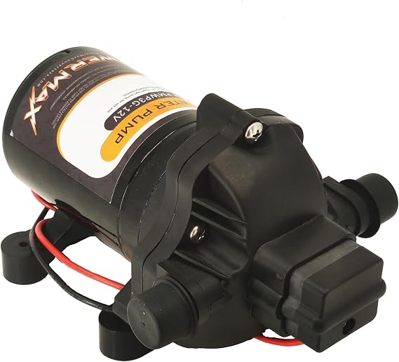 PowerMax 12V RV Water Pump 3.2 GPM 45-60 PSI with Strainer and Fittings | 12V replacement RV water pump delivers 3.2 GPM at 45-60 PSI with quiet operation, fittings and strainer included