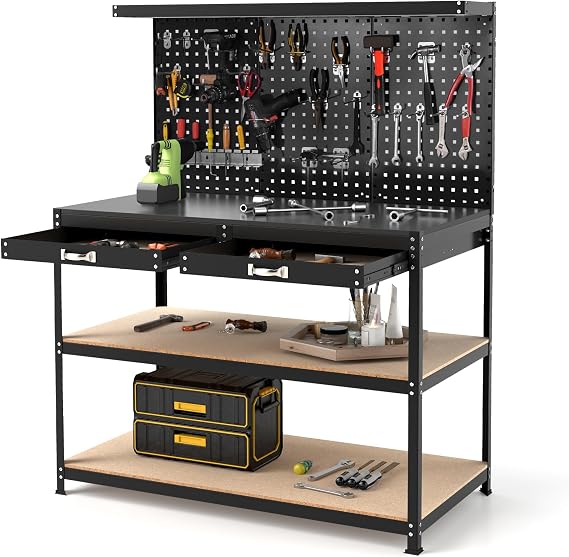 TANGZON 435 kg Workbench with Pegboard, Metal Work Bench and Tool Shelves