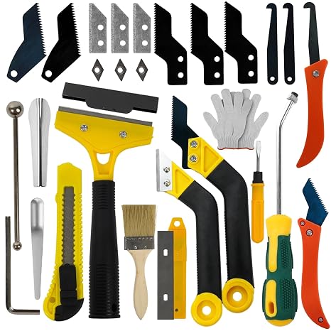 Grout Removal Tool Kit 33Pcs Tile Caulk Scraper Set with Carbide Saws, Ergonomic Handle & Multi-Shape Blades for Efficient Bathroom, Shower & Kitchen Floor