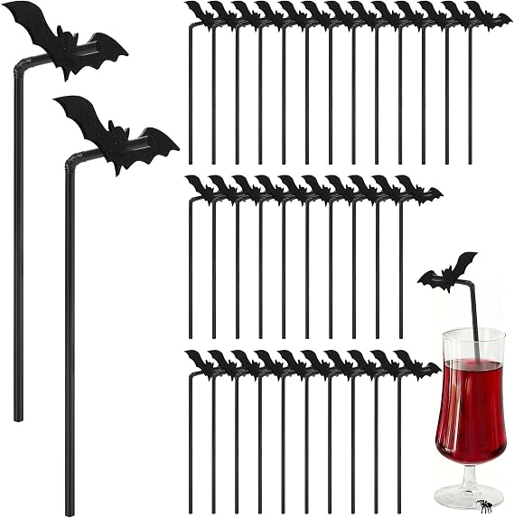 JANYUN 40 Pcs Black Halloween Straws Plastic with Glitter Bat Toppers