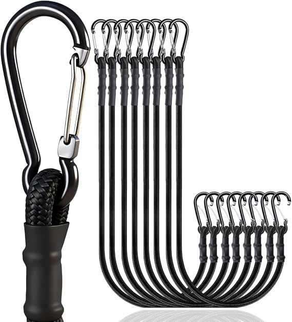 Yuxh Bungee Cords with Carabiner, Black, 24 Inch, 8 Pack | Latex rubber core, UV nylon weave, 35"+ stretch, 7# scratch-proof hooks, for paddle board, camping, indoor & outdoor