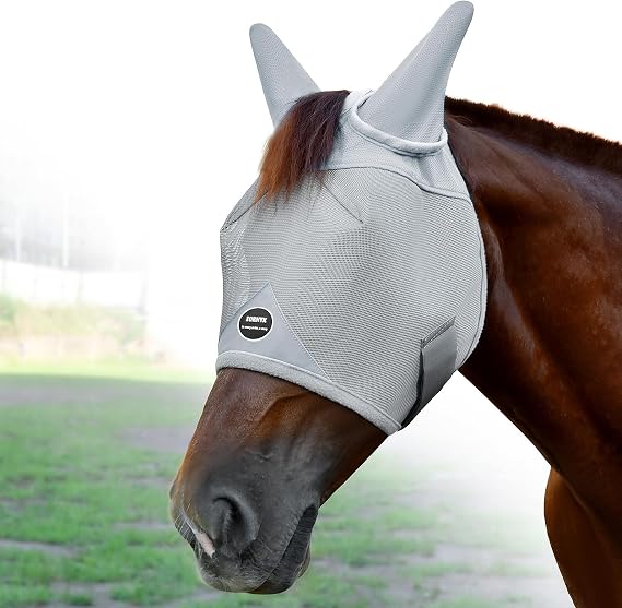 Horse Fly Mask with Ears, UV Block Breathable Mesh (Grey, L)