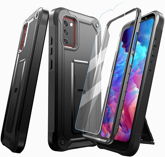 Compatible with Samsung Galaxy A02s Phone Case - Ultimate Drop Protection with Built-in Screen Protector and Kickstand (Black)