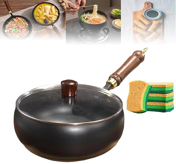 Japanese Iron Pan,Uncoated Iron Pan,Hand-Forged Non-Stick IronPan Without Coating,for Pots On Electric Stoves,Gas Stoves and Induction Cookers(Glass Lid, 24cm/9.45in)