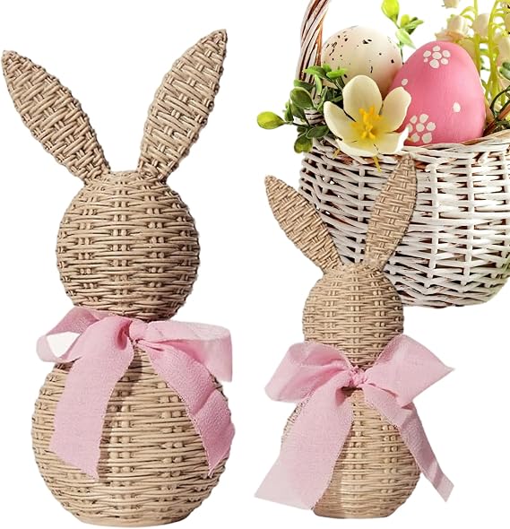 Bunny Statue - Cute Rustic Bow Spring Decor - Easter Bunnies Decorative Collectible Figurines | for Home Living Room Bedroom Kitchen Office Farmhouse Housewarming Birthday Holiday
