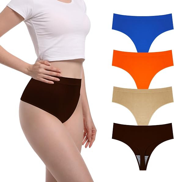 Women's High Waisted Thong Panties T-Back Seamless Underwear Soft & Comfortable Pack 4
