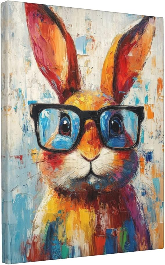 Colorful Rabbit Canvas Wall Art Bunny Painting Wall Decor Artwork 12"x16"
