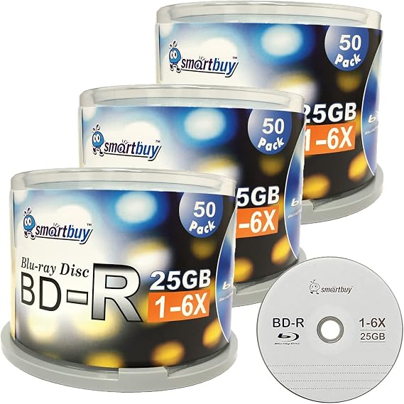 Smartbuy 150-disc 25gb 6X Bd-r BDR Blu-ray Logo Top Blank Recordable Disc | Single Layer Write-once Data Video Media Disc, Hold Roughly 2 hours of high-definition video, Cakebox Spindle Packaging