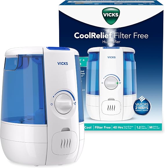 Vicks CoolRelief Cool Mist Humidifier, 1.2 Gal | Small to Medium Room Vaporizer for Baby, Kids, Adults, 40 hours runtime, Works with Vicks VapoSteam and VapoPads