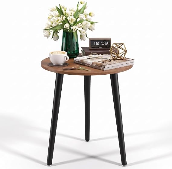 APICIZON Round Side Table, Small End Table with Reinforced Metal Connectors, Walnut Wooden Bedside Table for Living Room, Bedroom, Modern Rustic Accent Table, Tool-Free Assembly, Ø42 x H51 cm