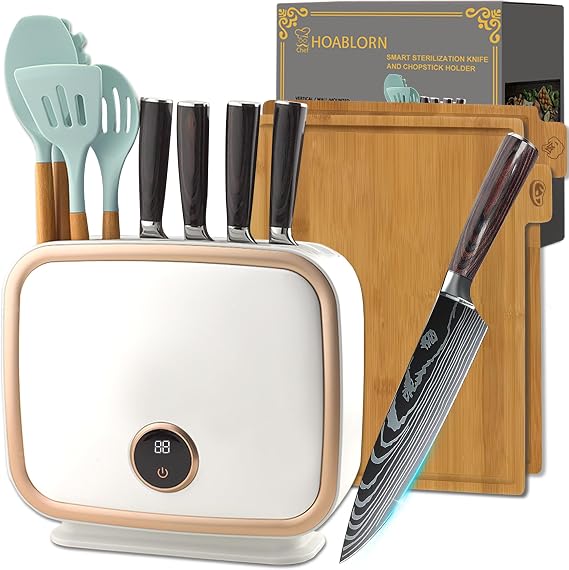 Kitchen Knife Block Set 4 Professional Damascus Knives,Beautiful Intelligent Knife Block 110V 70CHot Air Drying Cleanliness,with Raw Food Cooked Food Cutting Boards,4 Kitchen Utensils