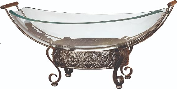 Deco 79 Tempered Glass Kitchen Serving Bowl with Brown Metal Scroll Base, 23" x 14" x 10", Clear, SMALL SIZE