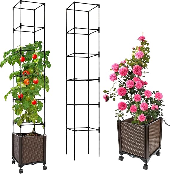 71inch 3-in-1 Planter Box with Trellis, Wheels, 6 Layer Tomato Cage | Self watering planter on wheels, Mobile garden bed, Tomato cage planter, Raised box,Vegetable grow box,Indoor outdoor planter