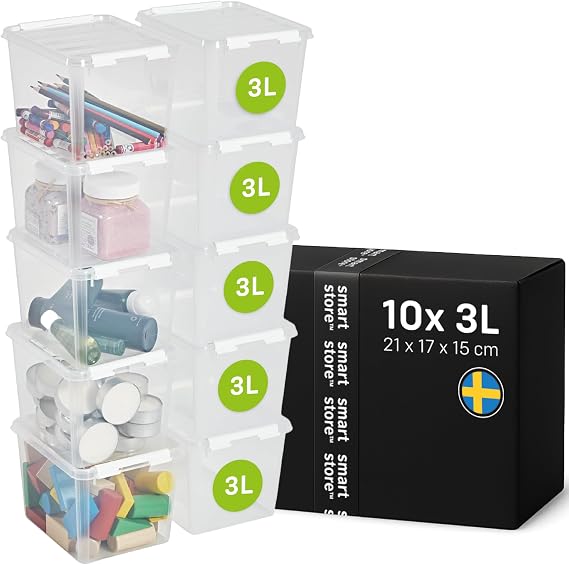 SmartStore - 10x Plastic Storage Box with Lid 3L (21x17x15cm) |Plastic Storage Drawers with Lid|Food-Safe Material|Kitchen & Organisation|BPA-Free|Durable Container for Home & Office|