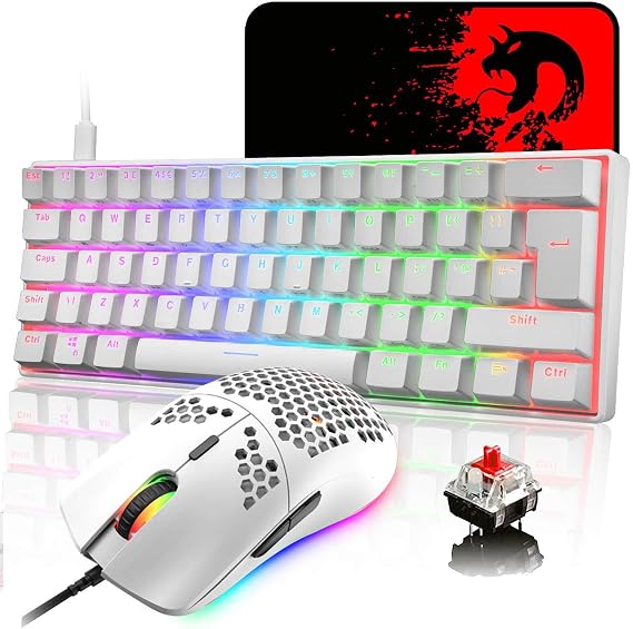 LexonElec UK Layout 60% Mechanical Gaming Keyboard RGB, Honeycomb Mouse Set | 62 Keys, USB C 14 Chroma Backlit Keyboard, 6400DPI Ultra-Light Mouse, Large Mouse Pad, Compatible With PS4,Xbox,PC, White