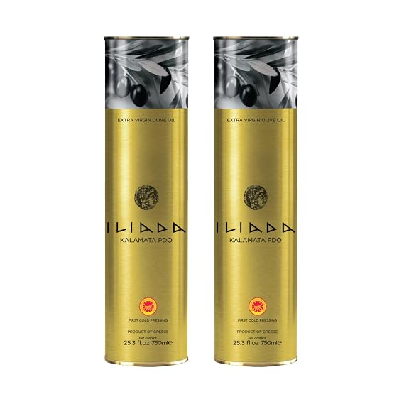 Iliada Kalamata PDO Extra Virgin Olive Oil, 750ml Round Tin | Multi-Awarded | Single Region 100% Greek | Monovarietal Koroneiki | Cold Press | Polyphenol Rich | Chef's Favorite [Pack of 2]