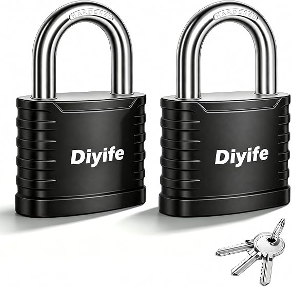 Padlock with Key, [2 Pack] [3 Keys] Diyife 5-Pin 41.6mm High Security Padlock with Hardened Steel Shackle - Keyed Alike, Black Vinyl Coated, for Gate, Shed, Gym Locker, Toolbox, Fence, Storage Unit