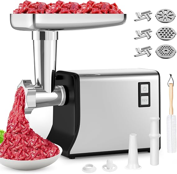 Electric Meat Grinder: [3500W Advanced Motor] [Ultra-Intelligent Thermal Protection] Upgraded Meat Grinder with 6 PCS Stainless Steel Blades&Grinding Plates, Sausage Stuffer Tubes&Kubbe (Dark Black)