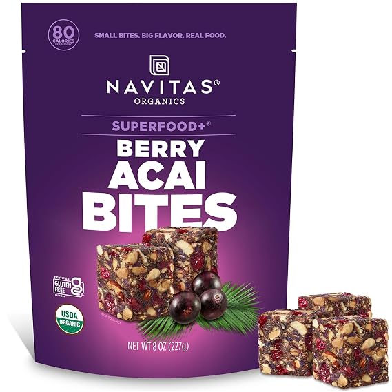 Navitas Organics Berry Acai Superfood+ BITES Power Snacks All Natural Plant Based Clean Energy & Nutrition USDA Organic, Non GMO, Gluten Free, Soy Free, Kosher, Vegan (8oz. Bag 11 Servings)