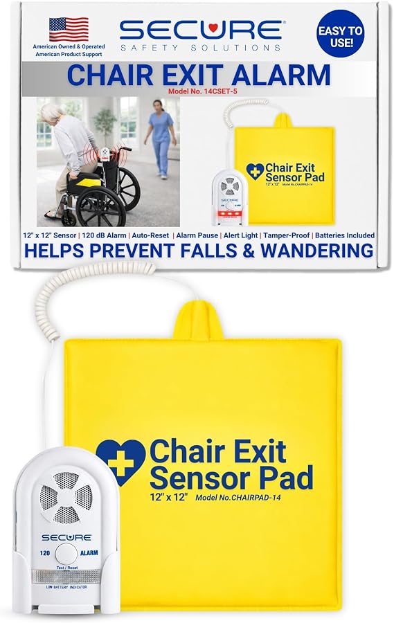 Secure Safety Solutions Chair Exit Alarm for Elderly Dementia Patients | 12x12 Pressure Sensor Pad, 80-120 dB Monitor, Wander & Fall Prevention Caregiver Alert System, Wheelchair Safety for Seniors