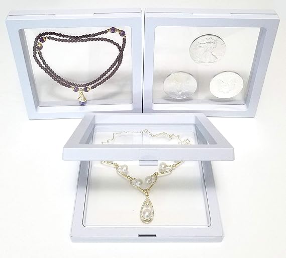 JM Pack of 3 pcs 5.5 x 5.5 x 0.75 Inches Transparent 3D Floating Frame Display Holder/Box/Frames for Challenge Coins, AA Medallions, Antique, Jewelry, Gift, White
